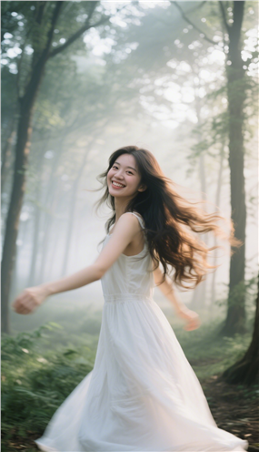 雾气朦胧树林白色长裙美女写真图片